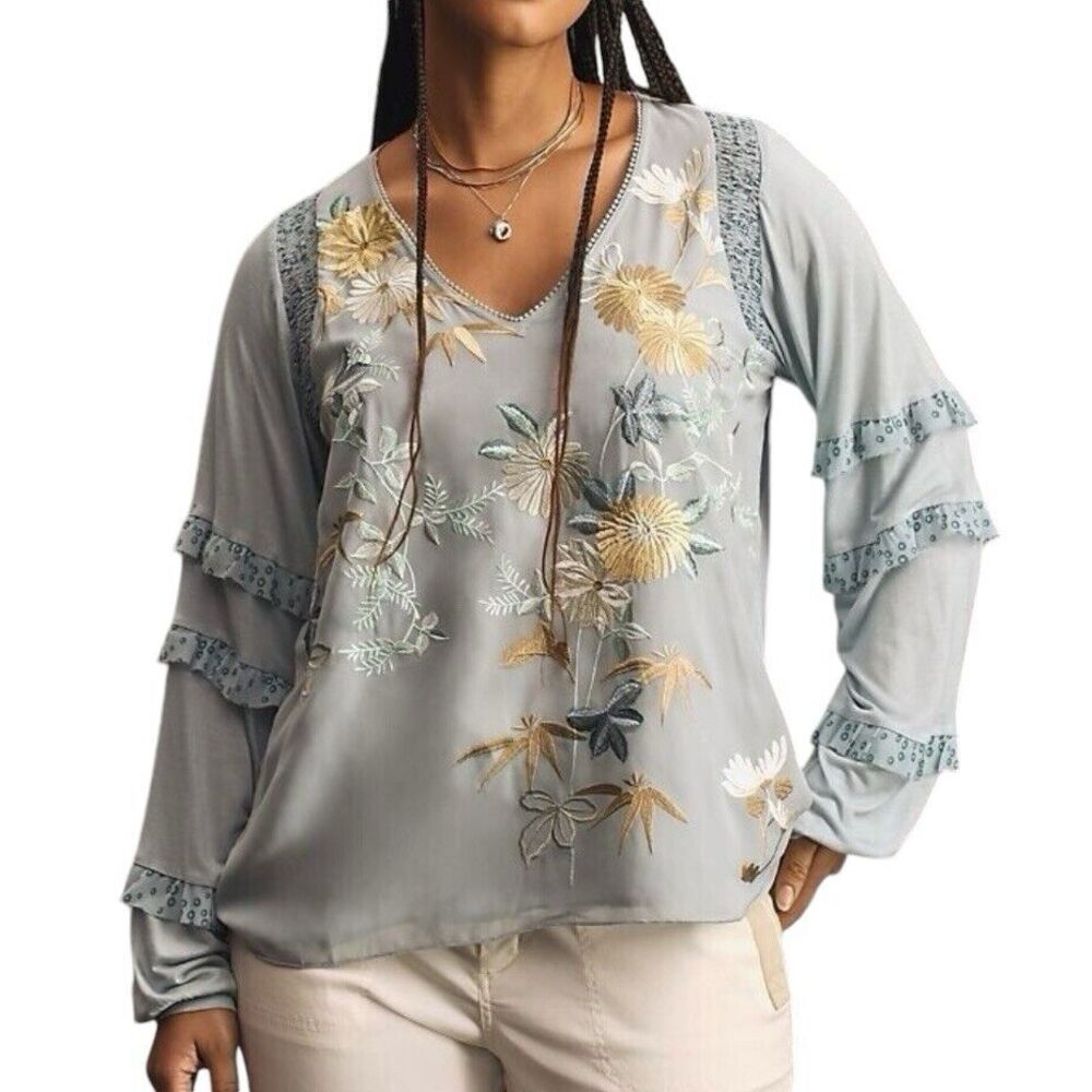 Anthropologie Tiny Frances Long Sleeve Ruffle Top Embroidered Size Small